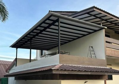 Aluminum roof awning installed on the second floor of a house