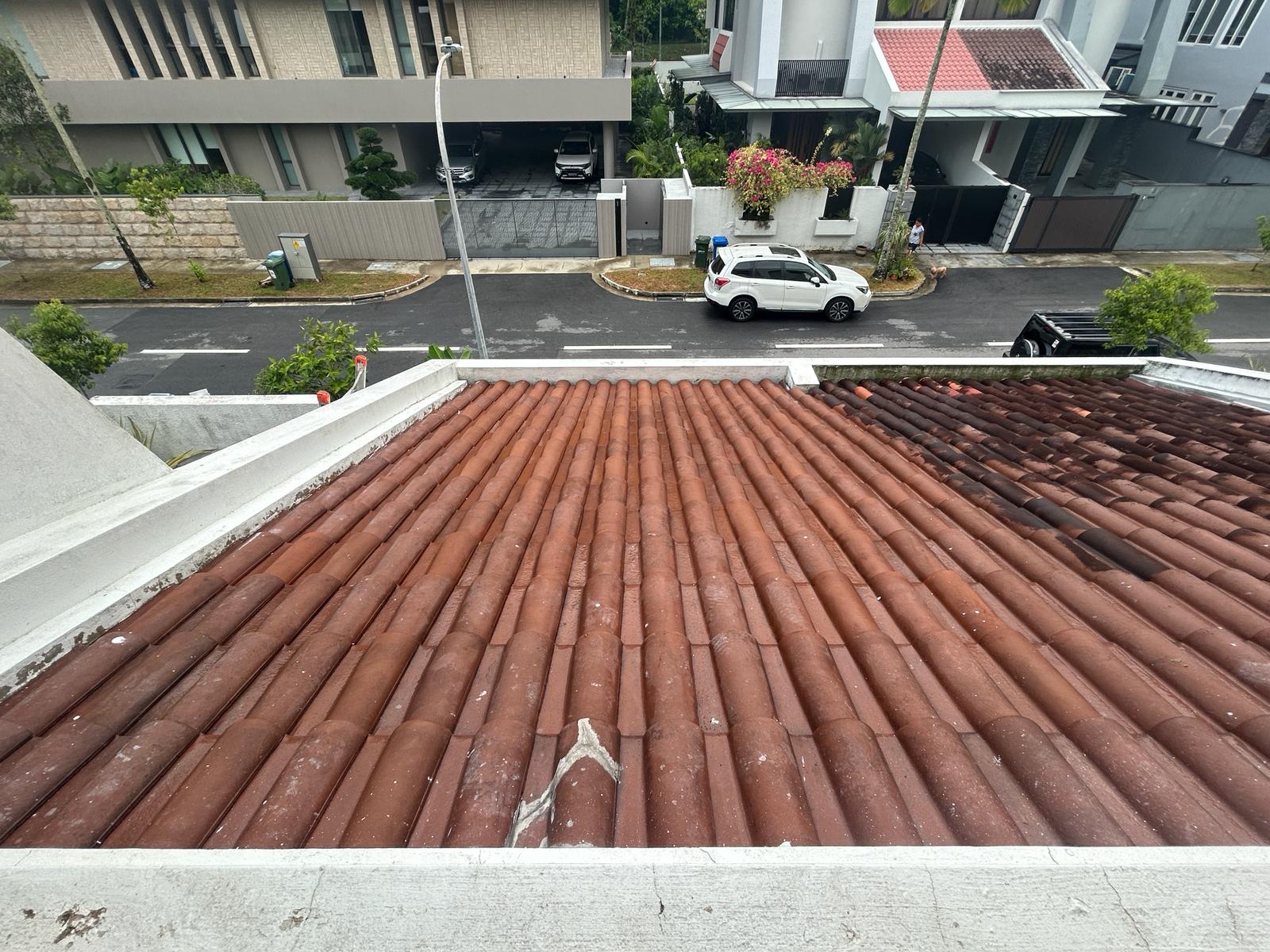 clays shingle roof top view, one side dirty and one side clean