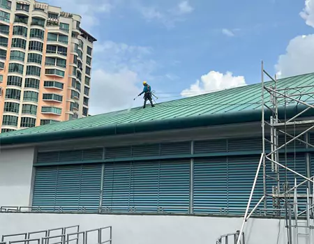 painting roof shingles with full safety