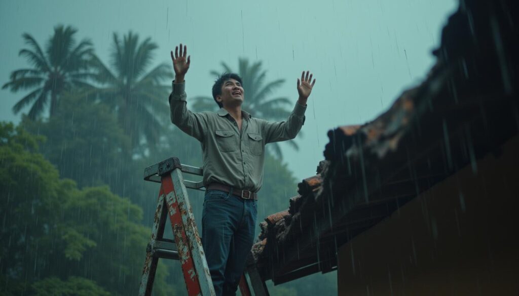 Homeowner identifying emergency roof repair signs during a rainstorm while inspecting roof damage on a ladder, surrounded by tropical trees.