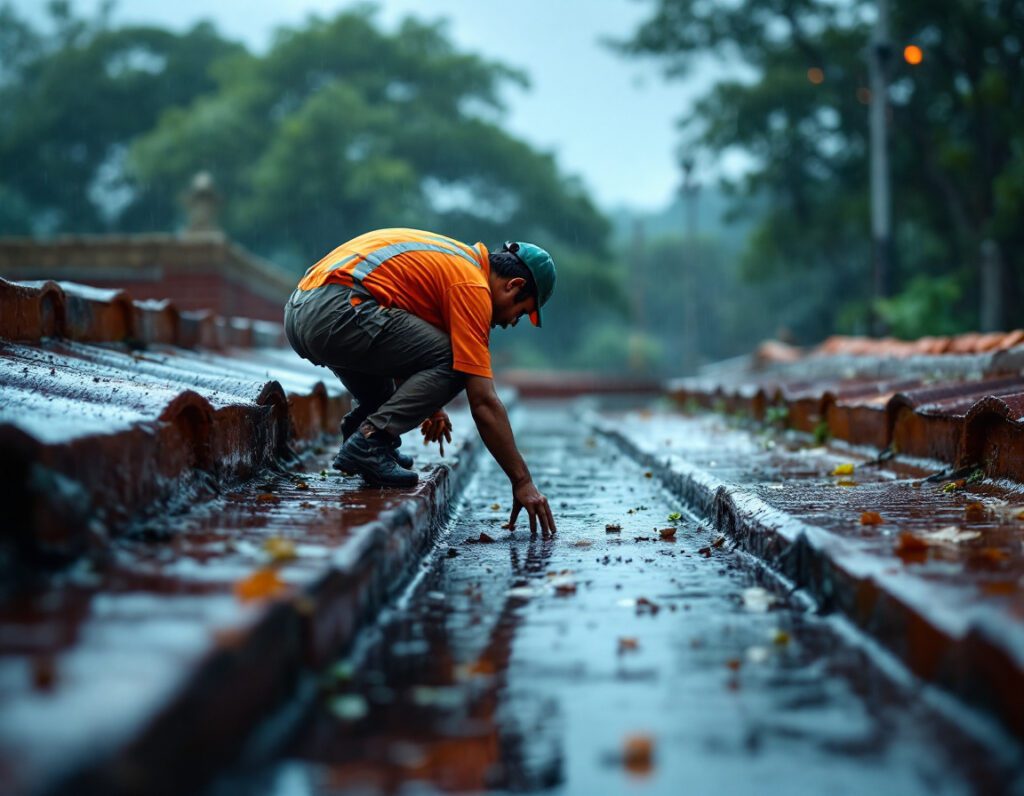 Roof waterproofing in progress: Worker inspecting and cleaning roof tiles to ensure proper drainage and prevent water damage during rain.