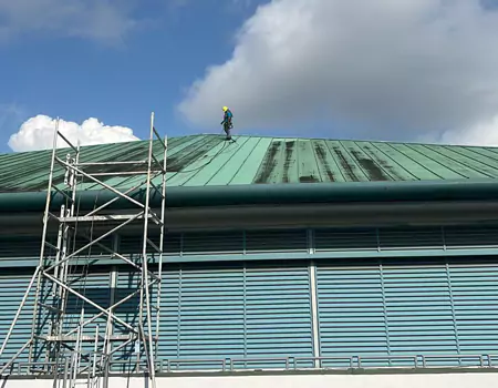 clays shingle roof top view, one side dirty and one side clean