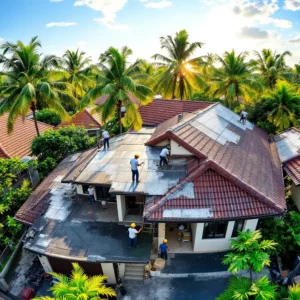 Team of professionals working on a residential roofing project, providing expert residential roofing solutions under the sun with palm trees in the background.