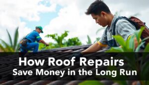 Professional roofer fixing shingles to save money on roof repairs in long run by preventing costly damage and improving home efficiency.