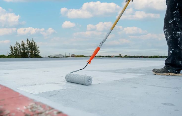 Worker applying roof waterproofing methods using a paint roller on a flat roof with a bright sky in the background.