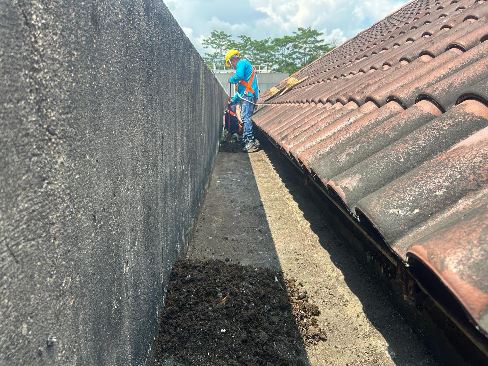 Roof cleaning joint picture Roof cleaning professional using a high-pressure washer to clean a residential roof, showcasing services from the best roof cleaning company.