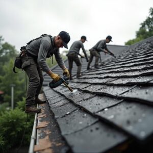 Close-up of a roofer working on a roof, showing the process of maintaining surfaces to prevent mold and mildew buildup.